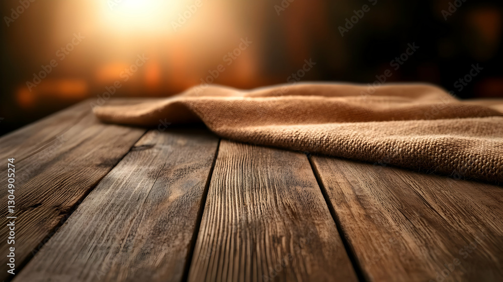 Poster a close-up of a rustic wooden table with a soft cloth draped over it, creating a warm and inviting a