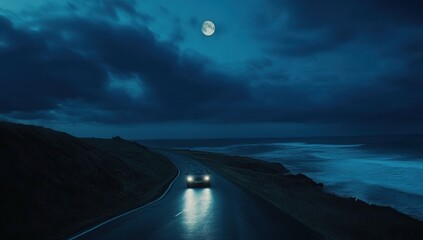 A car travels down a coastal road at night under a full moon. The road is wet and the ocean waves crash against the shore.