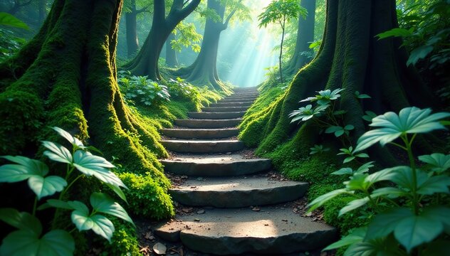 Moss-covered stone steps winding up ancient forest path, blue, overgrown