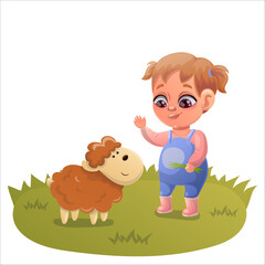 Illustration of a child doing gardening and animal husbandry
