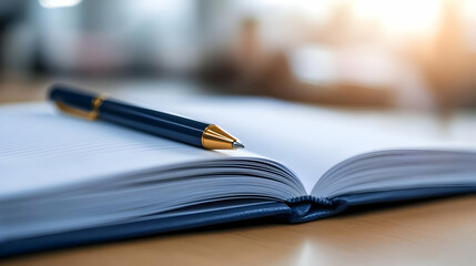 A close-up view of an open notebook with a pen resting on it, symbolizing creativity and productivity in a professional environment.