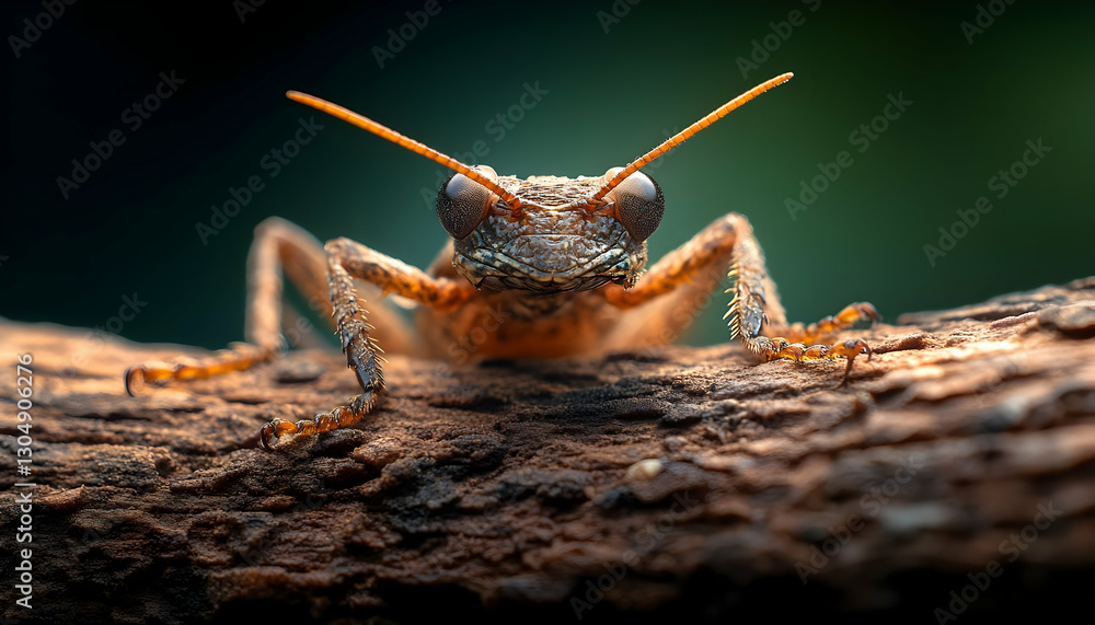 Poster a close-up view of a grasshopper perched on a branch, showcasing its intricate details and vibrant c