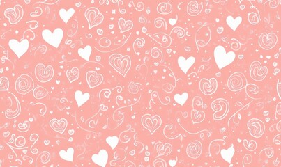 Pink seamless pattern with white hearts and swirls.