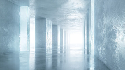 minimalist frozen interior with seamless ice walls and reflective floor