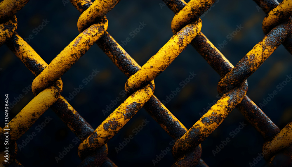 Poster a close-up view of a rusty yellow chain link fence, showcasing texture and color against a dark back