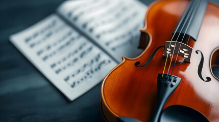 Naklejka premium A close-up view of a violin resting beside open sheet music, showcasing the beauty of musical instruments and art of music.