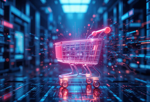 Concepto de compras en l&iacute;nea, carrito hologr&aacute;fico brillando en el ciberespacio, datos que fluyen din&aacute;micamente, im&aacute;genes futuristas de transacciones de comercio electr&oacute;nico
