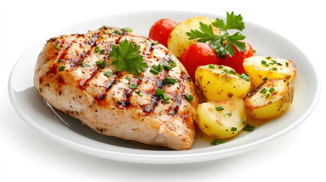 Grilled chicken breast with roasted potatoes and cherry tomatoes garnished with herbs
