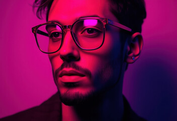 Fototapeta premium Retrato de un hombre elegante con gafas, iluminado por intensos tonos rosados ​​y profundos índigo, estética surrealista 