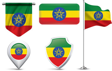 Obraz premium A set of 5 different designs of the Ethiopia national flag in various shapes