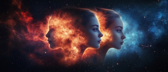 Obraz premium Dual female faces, cosmic fire & ice, space background, fantasy art