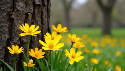 Obraz premium Yellow flowers against tree trunk and branches, flowers in front of a tree, leafless, empty branches