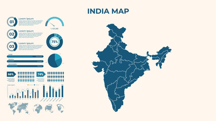 Infographic Map of India. Vector Map of a global map in the form of regions of India. Vector Illustration