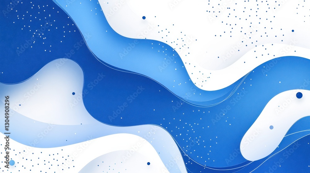 Poster abstract blue and white background with flowing shapes and dot patterns creating a serene and modern