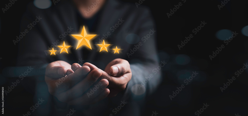 Poster businessman holding golden glowing five stars with copy space for customer evaluation review of qual
