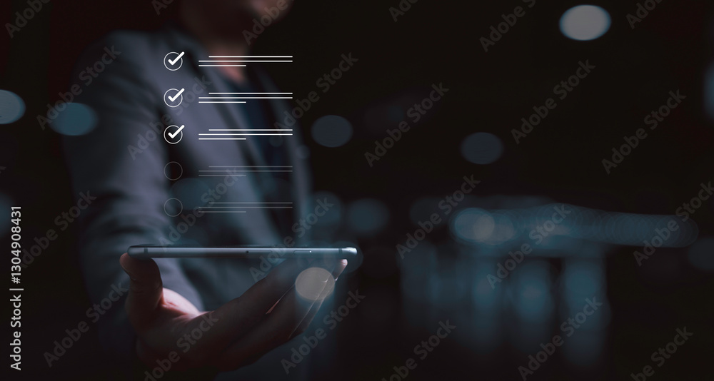 Poster businessman holding smartphone with correct sign mark for checklist and document approve of quality 