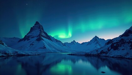 Mountain peaks illuminated by the gentle glow of aurora, atmosphere, calm, sky