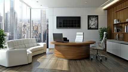 Fototapeta premium Modern executive office with city view. Possible use Interior design stock photo