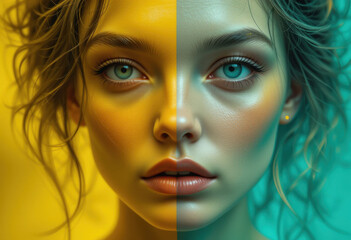 Retrato femenino surrealista con iluminación dividida, un lado amarillo dorado y el otro turquesa vibrante, arte digital abstracto
