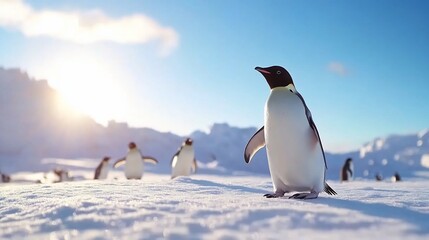Naklejka premium Emperor penguin walking, Antarctic sunrise, snow, wildlife