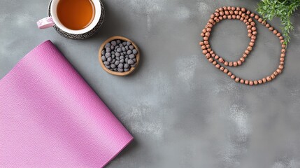 Yoga mat, beaded bracelet and tea cup on grey concrete background, close up, flat view. Perfect for fitness, health and relaxation content.