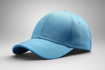 Fototapeta premium Stylish light blue baseball cap on a soft gray background showcasing its clean design and modern appeal for fashion and sports enthusiasts