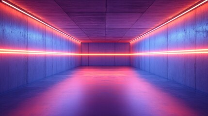 An empty blue concrete box with glowing horizontal neon lights running parallel on opposite walls