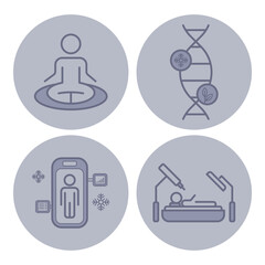 Collection of line icons related to wellness and health technology. Meditation, DNA, health monitoring, and advanced treatments
