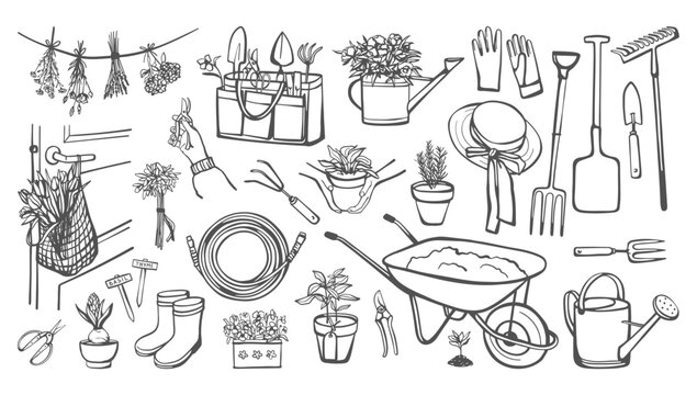 Set gardening items in hand drawn style. Various agricultural and garden tools for spring work. Growing potted plants, seedling