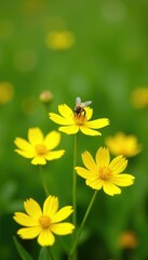 Obraz premium Yellow rape flowers with a few buzzing bees amidst the blooms, field of rape, garden, green field