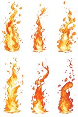 Collection of six pixel fire animations in various stages of burning with bright orange and yellow flames on a white background