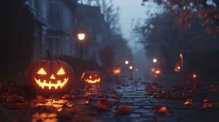 Obraz premium mysterious Halloween street scene with carved pumpkins glowing
