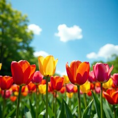 Obraz premium Vibrant tulips blooming in a lush garden under blue sky, colorful, outdoors, background