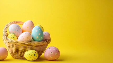 Fototapeta premium Colorful Easter Eggs in Woven Basket on Bright Yellow Background for Festive Spring Celebrations and Creative Holiday Decorations