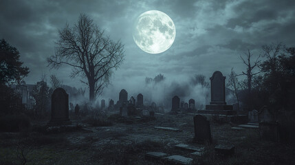 mysterious haunted cemetery under luminous full moon