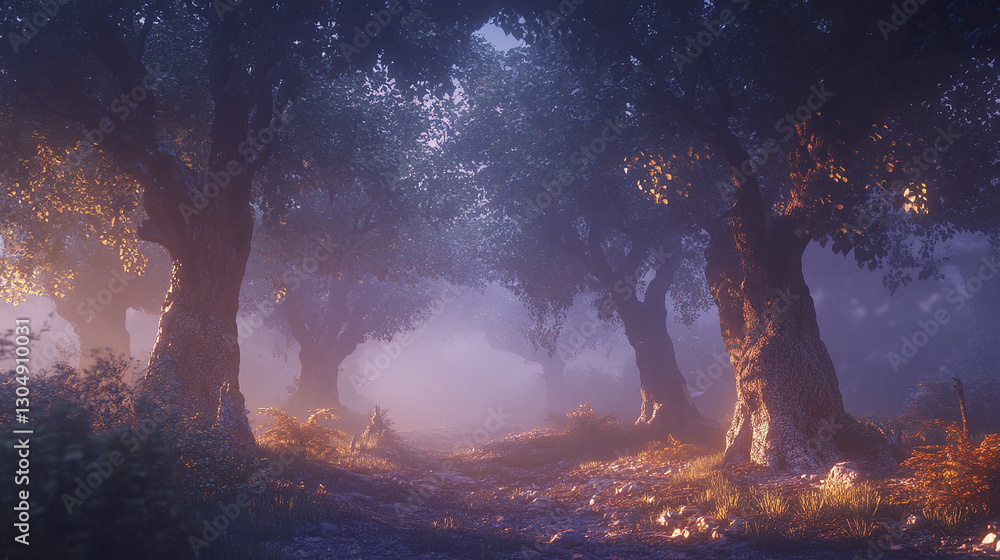 Poster mystical enchanted forest with towering ancient trees and soft light