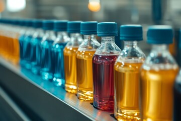 Colored liquids in bottles on factory conveyor belt