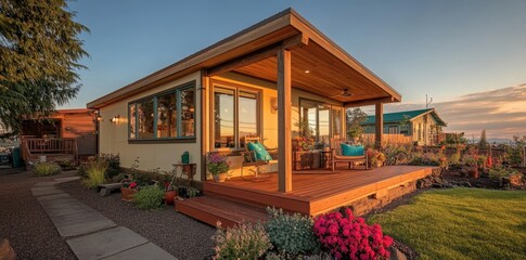 Fototapeta premium The ADU dwelling unit is a small single-story house with a sloping roof and a painted porch