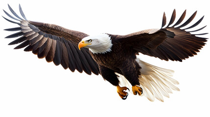 Obraz premium A majestic eagle soars through the sky, showcasing its powerful wings and striking features against a clear backdrop.