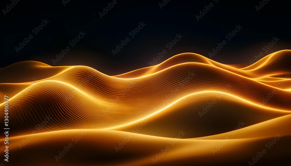 Poster a mesmerizing abstract depiction of flowing golden waves on a dark background, creating an enchantin