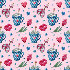 Watercolor hand painted Valentines day pattern. Cup of coffee, flowers, drinks, hearts. Pink background. Use it for postcards, invitations, and scrapbooking.