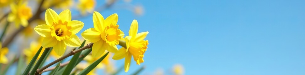 Fototapeta premium Vibrant yellow daffodils in full bloom on a tree branch against a blue sky backdrop, blue sky, backdrop, tree