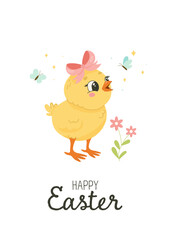 Sweet Yellow Chick with Bow and Butterflies. Hand-Drawn Spring Illustration for Cards, Invitations, and Stickers