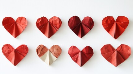 Set of eight handmade red origami hearts arranged on a white background, symbolizing love and creativity.
