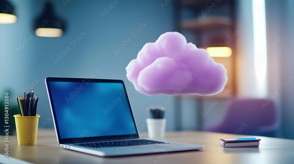 Poster a modern workspace featuring a laptop and a cloud graphic representing cloud computing and digital i