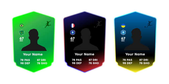 Customizable football player card template with national flags of Brazil, France, and Ukraine. Digital design with player silhouette, stats, and gradient backgrounds.