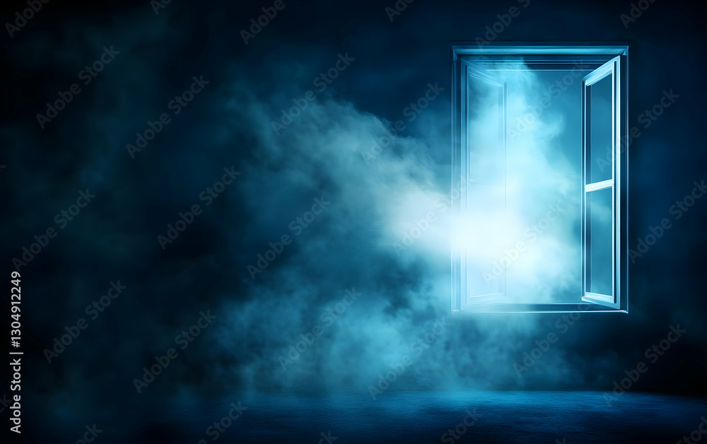 Poster a mysterious scene featuring an open window with glowing light and swirling fog, creating an etherea