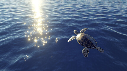 Obraz premium sea turtle floats peacefully in shimmering ocean at sunset