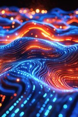 Futuristic digital waves with glowing blue orange lines particles creating abstract technology background