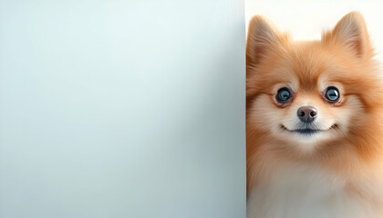 Obraz premium A playful Pomeranian dog peeks from behind a wall, showcasing its adorable features and cheerful expression.